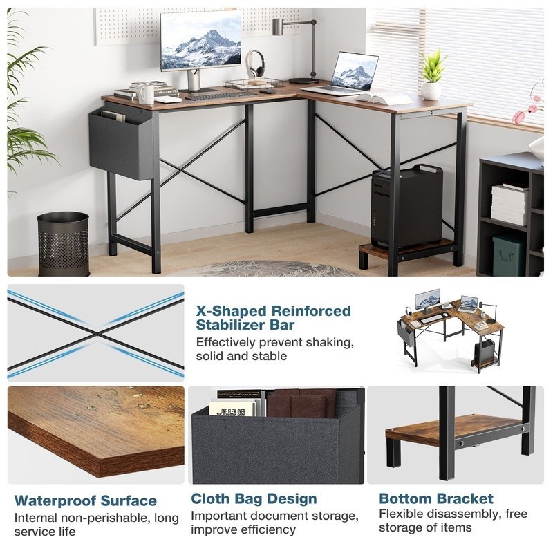 L Shaped Computer Desk W/ Storage Bag CPU Stand Home Office Workstation New