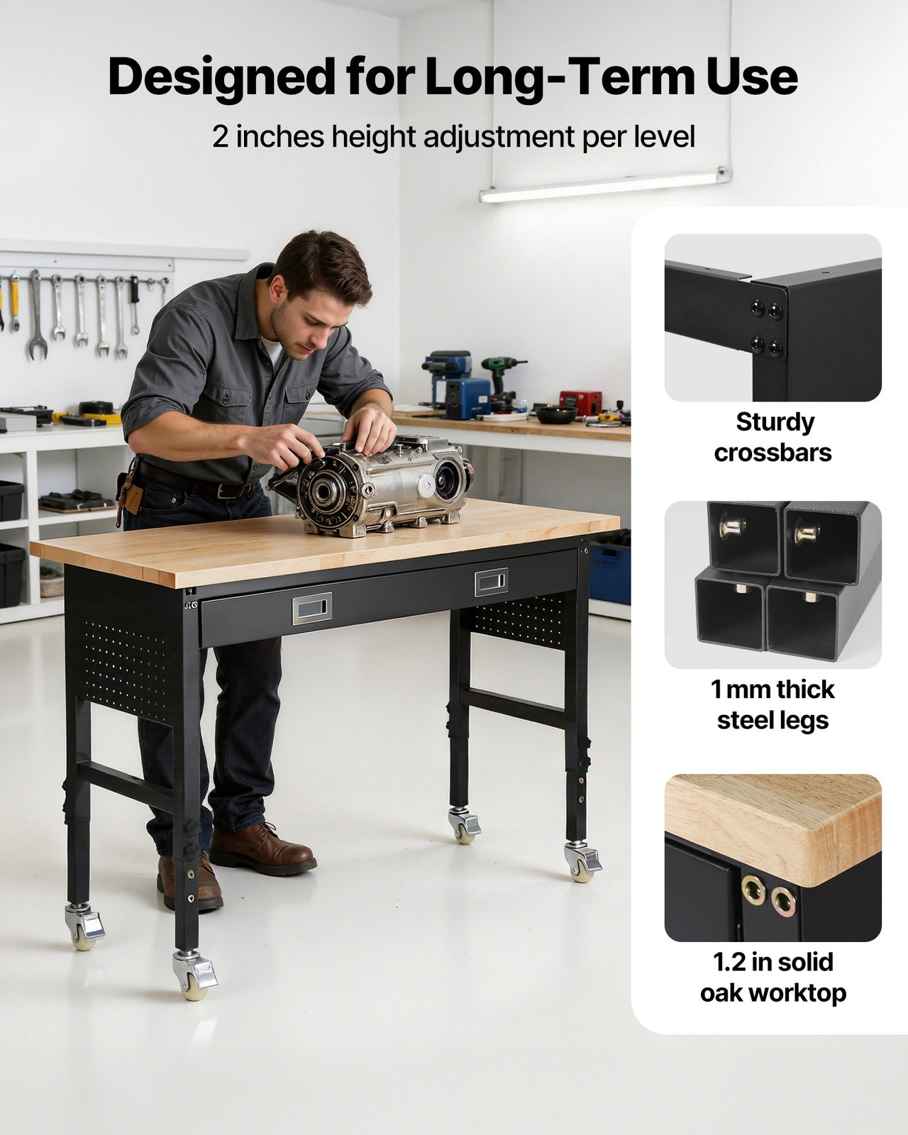 VEVOR 60-inch Adjustable Workbench Wood Work Table with Power Outlet & Drawer
