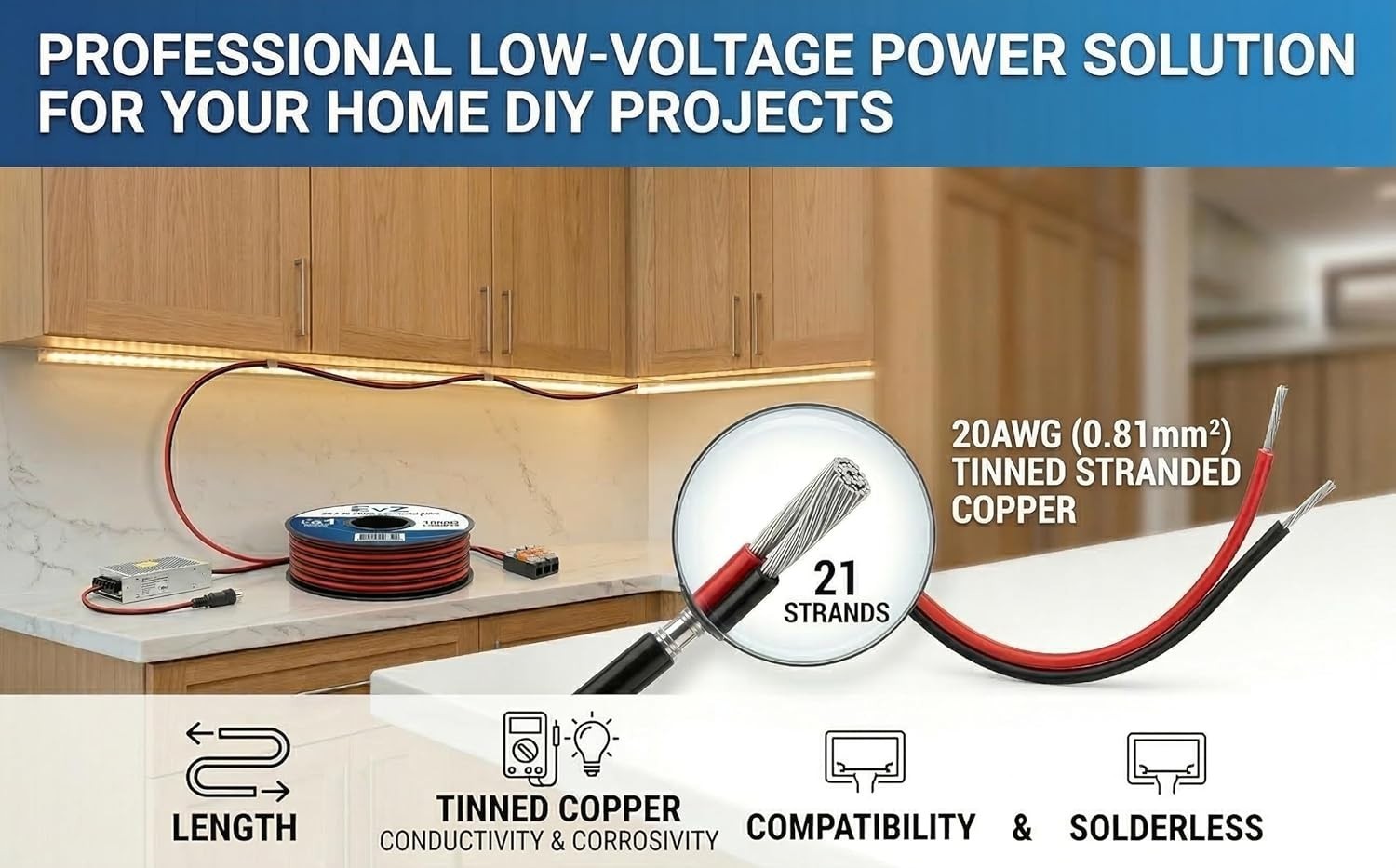 Versatile 20 AWG 2-Conductor Electric Cable - 66ft for Single Color LED Lighting
