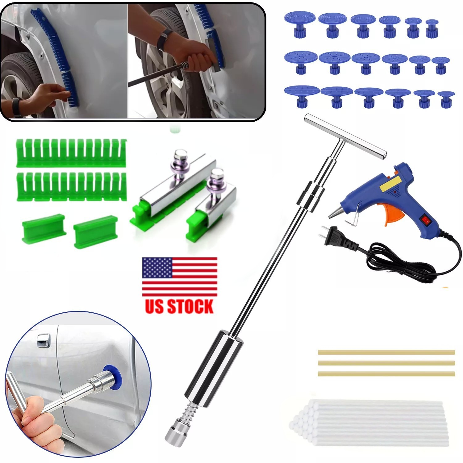 PDR Paintless Glue Puller Tabs Auto Body Dent Repair Removal Tool Kit W/Sticks