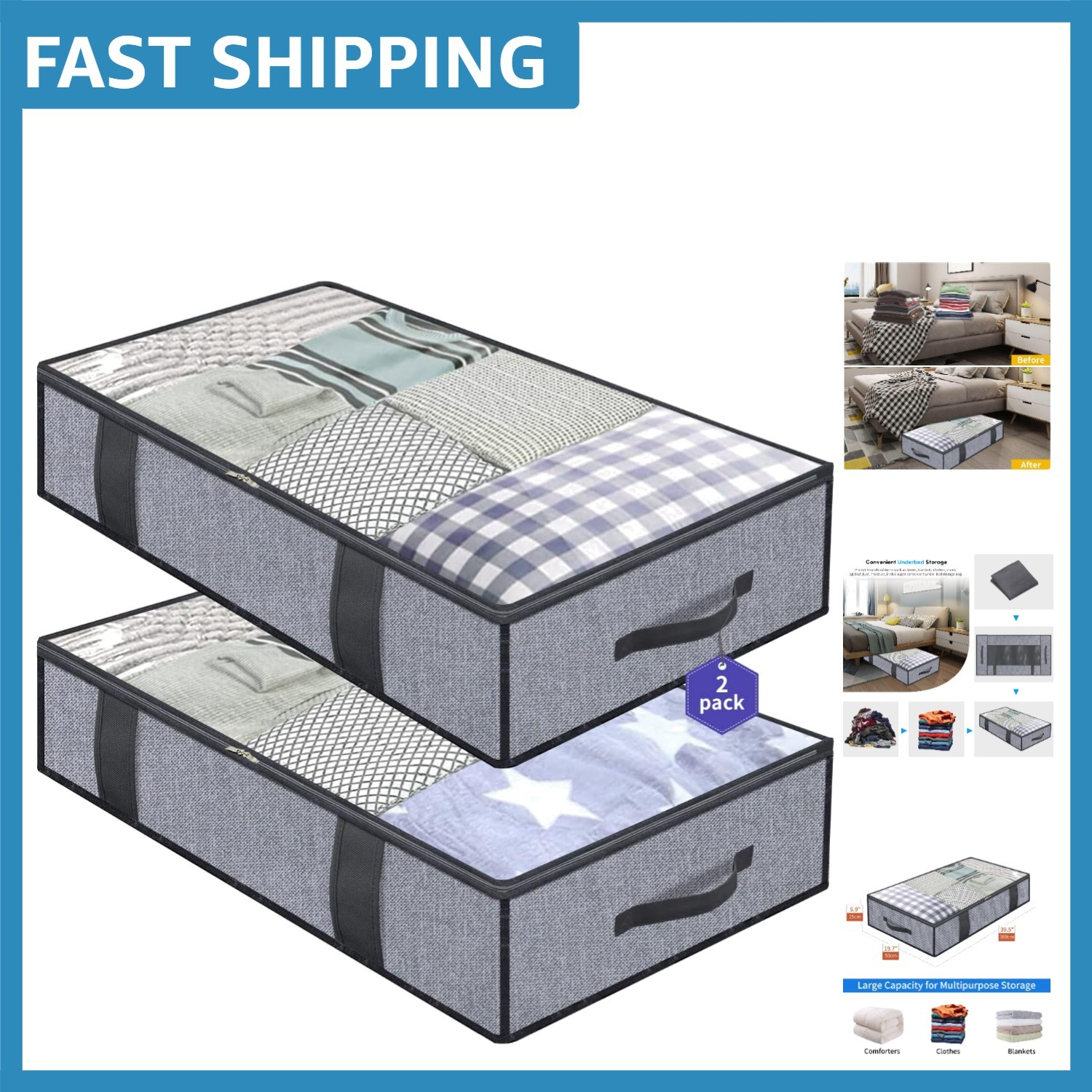 Eco-Friendly Underbed Storage Solutions - Foldable Zippered Bags, 2 Pack