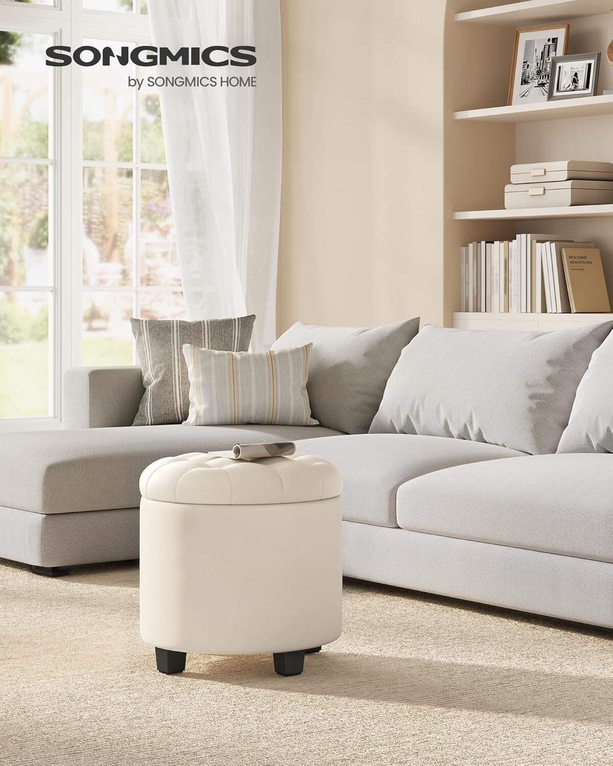Round Ottoman With Durable Storage Linen-Look Beige