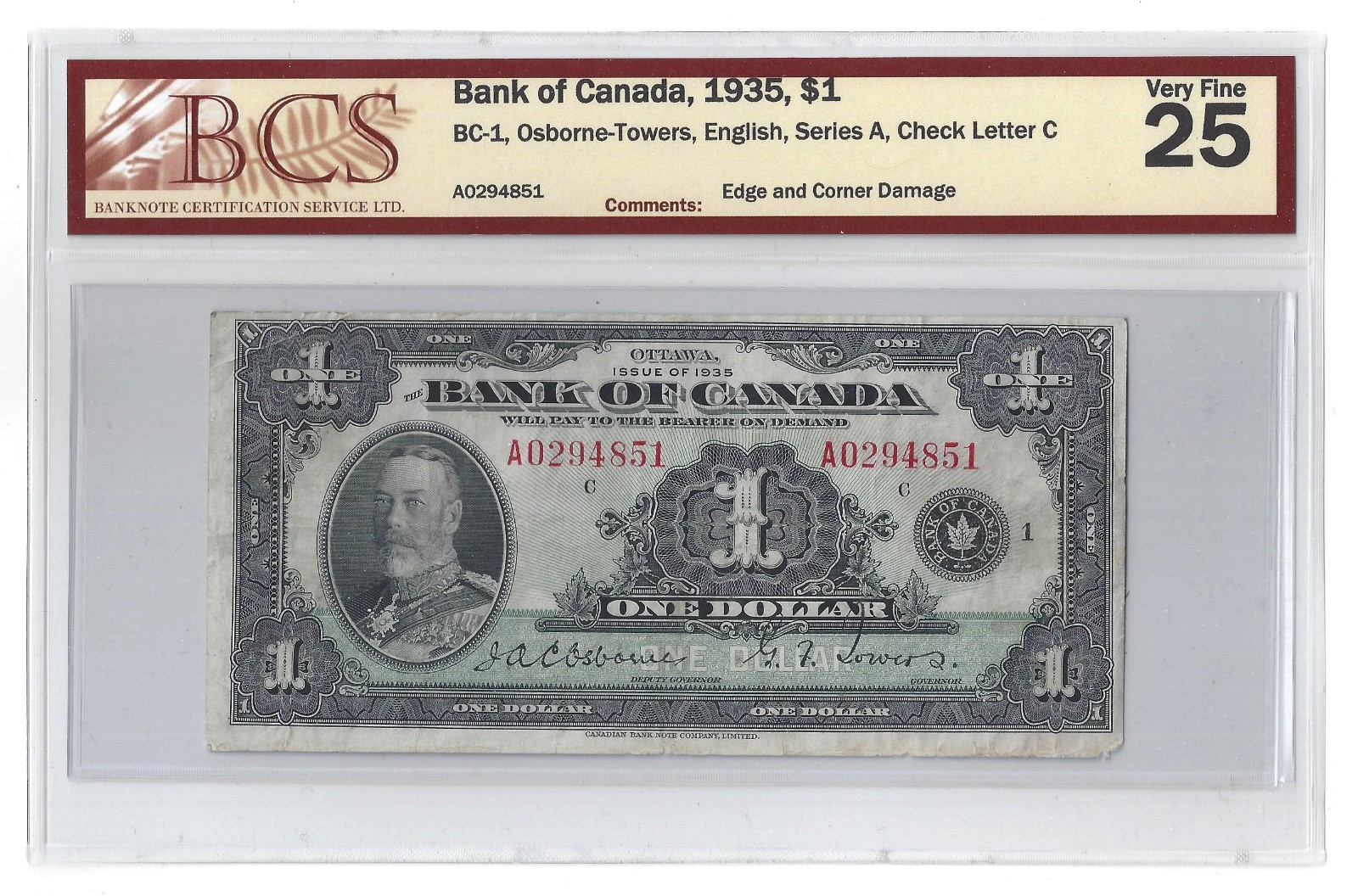 1935 Canada $1 Banknote Osborne-Towers  English Text BC-1 BCS VF-25