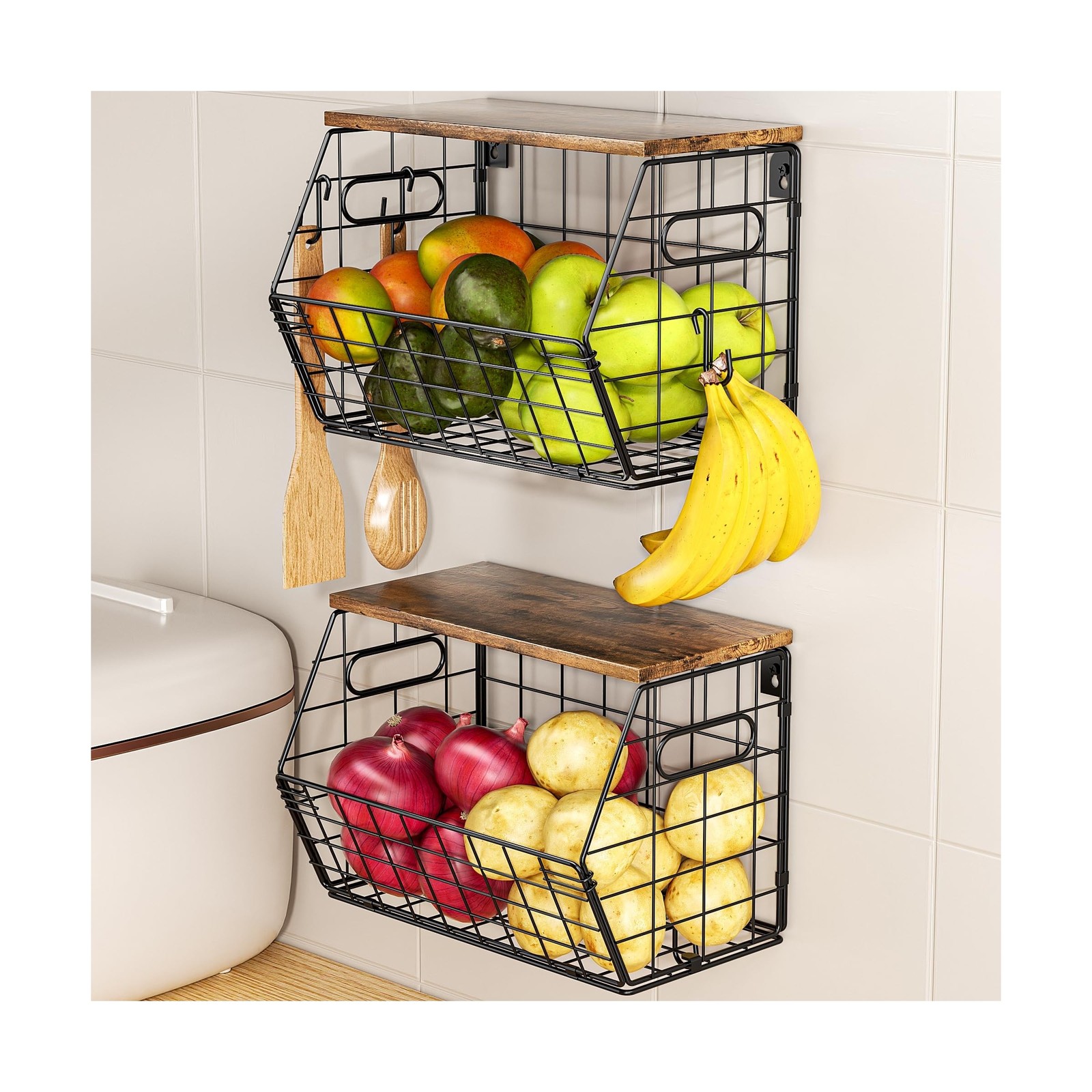 Delamu Stackable Metal Fruit Basket with Wood Lid 2 Pack, Hangi... FAST USA SHIP