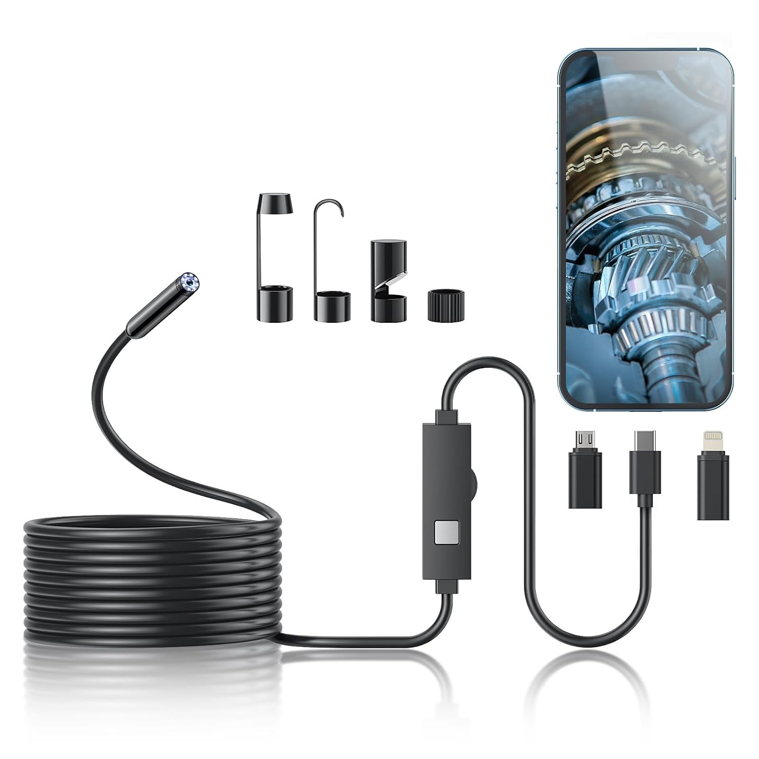 7cm 3-in-1 Borescope 1m Hard Cable Adjustable Brightness For TypeC+USB+Micro USB
