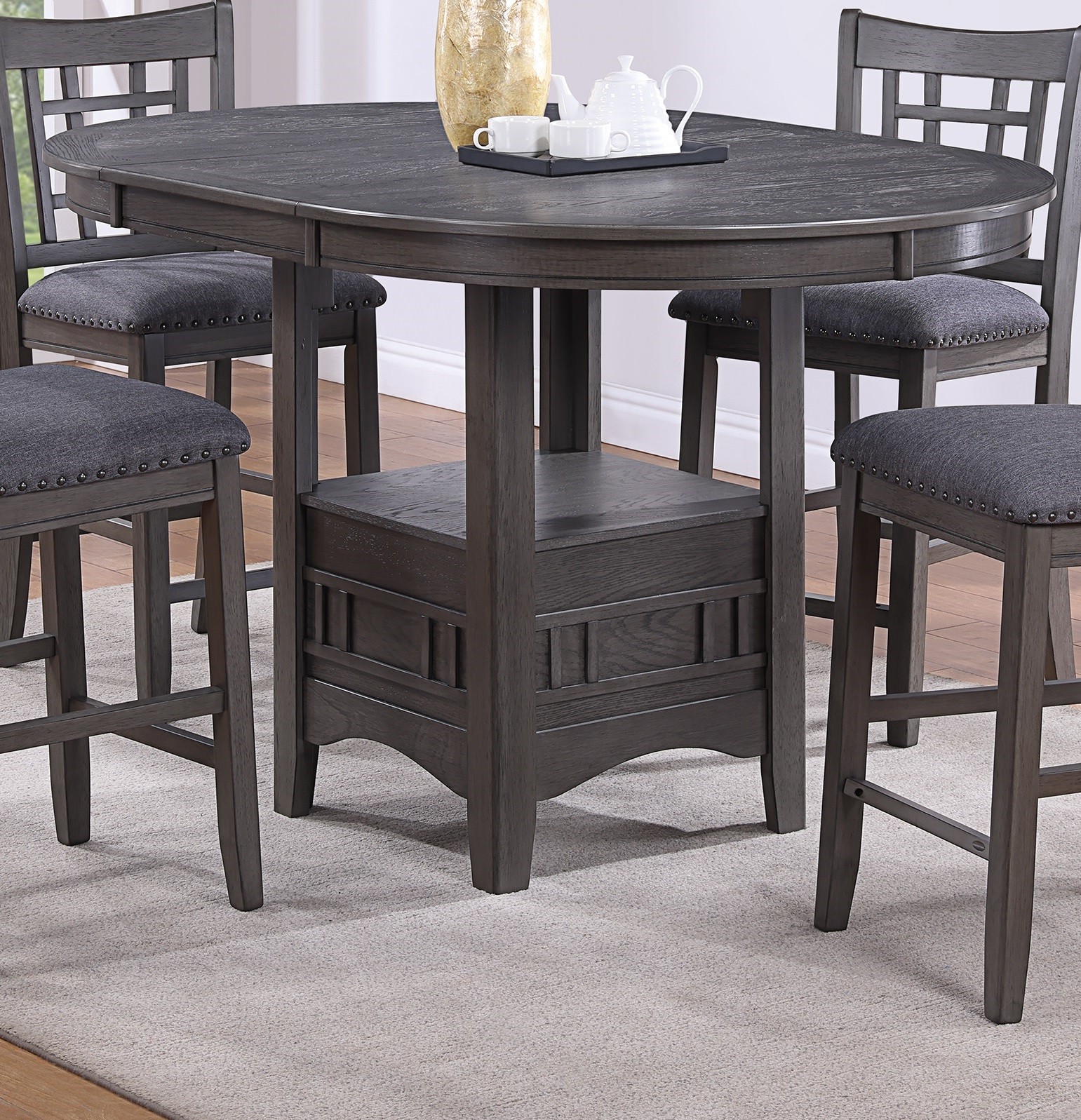 Round countertop height dining table, W-shaped rack, solid wood, grey finish