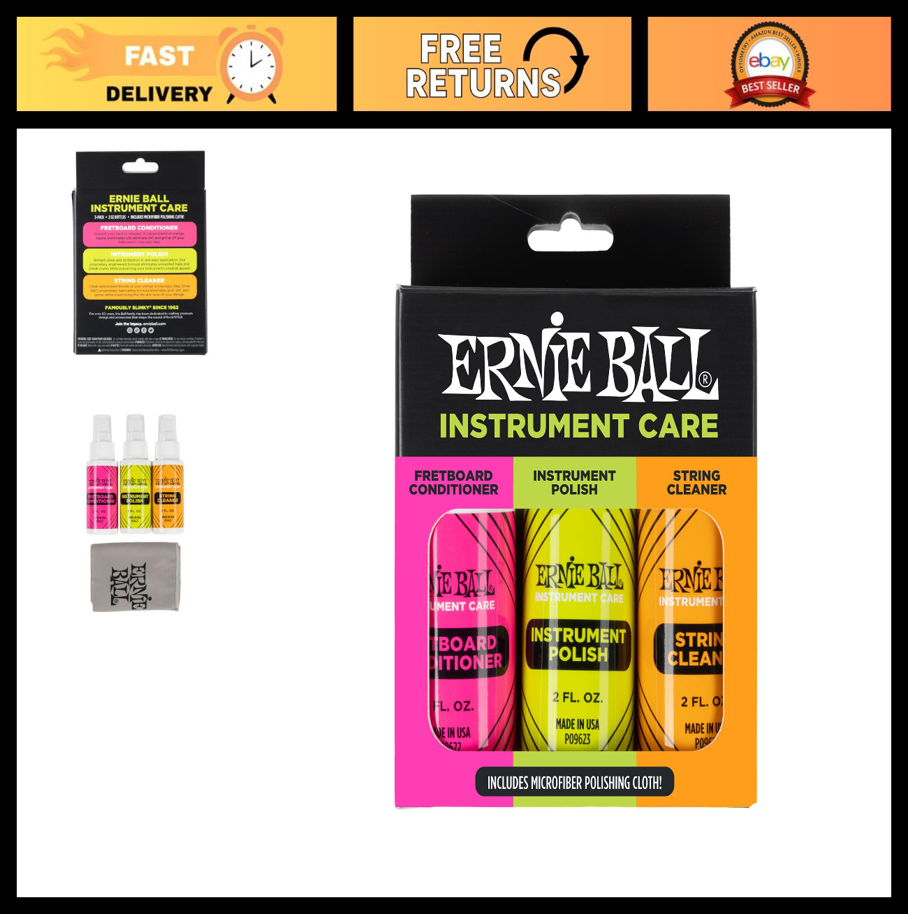 Guitar Polish & Fretboard Conditioner, String Cleaner + Microfiber Cloth - 3-in-