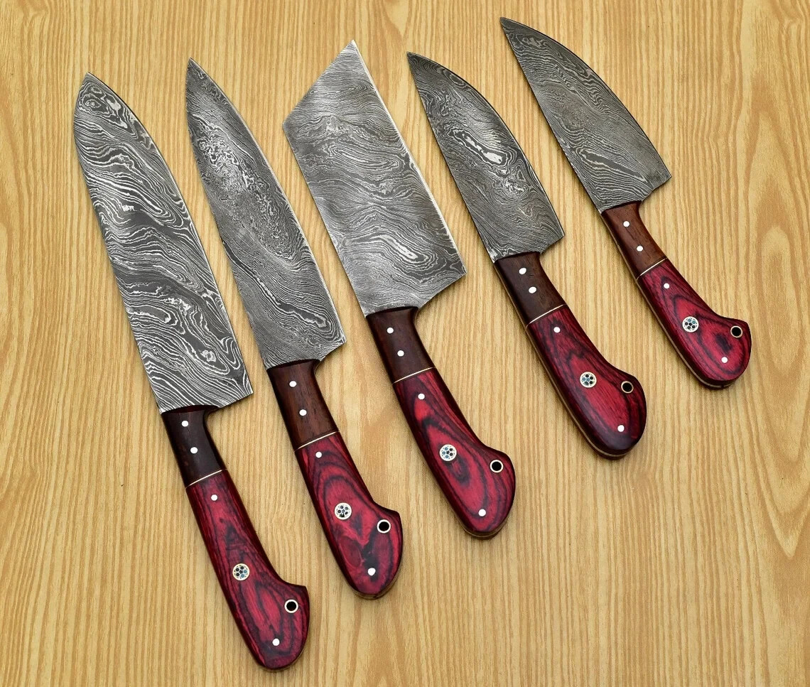 HAND FORGED DAMASCUS STEEL CHEF KNIFE Set Kitchen Knives