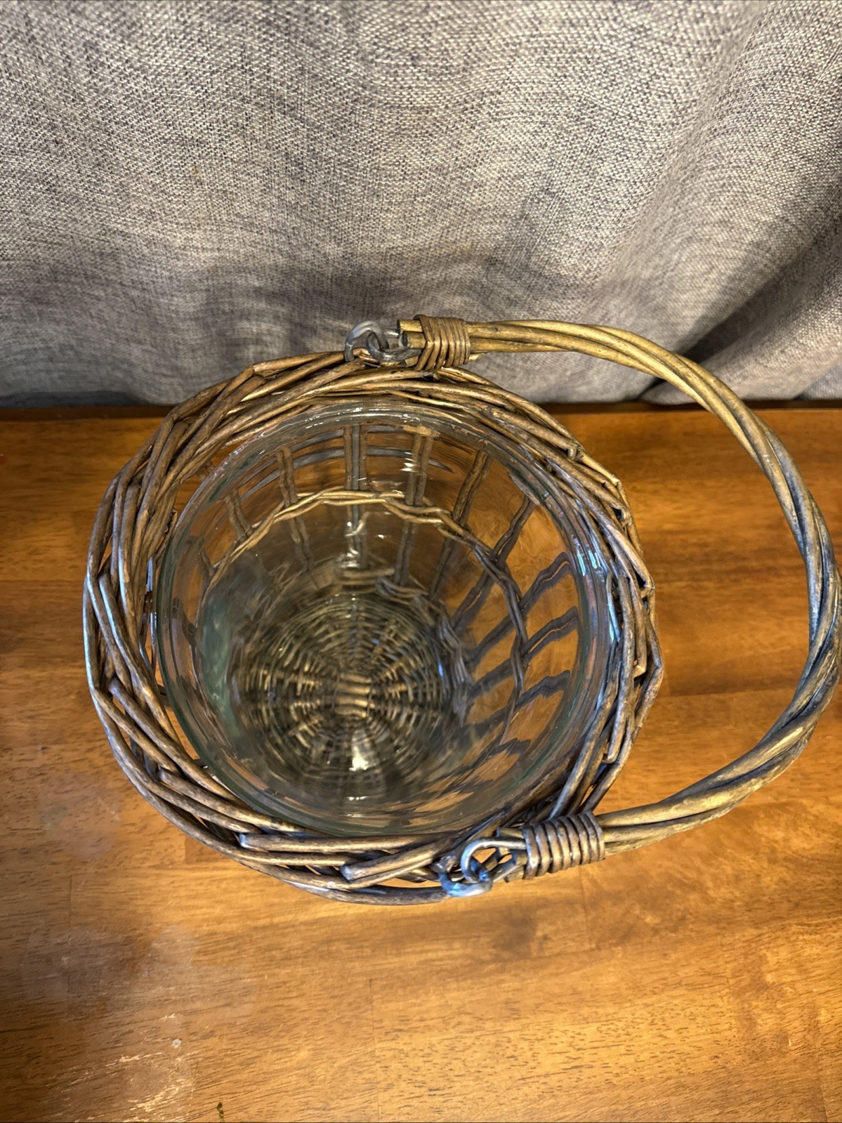 Lot of 2 Vintage Wicker Baskets With Glass Insert Plant Candle Flower Handles