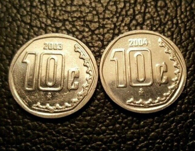 (2) 10 Centavos 2003 & 2004 (large type) Ring of Sacrifice on the Aztec calendar