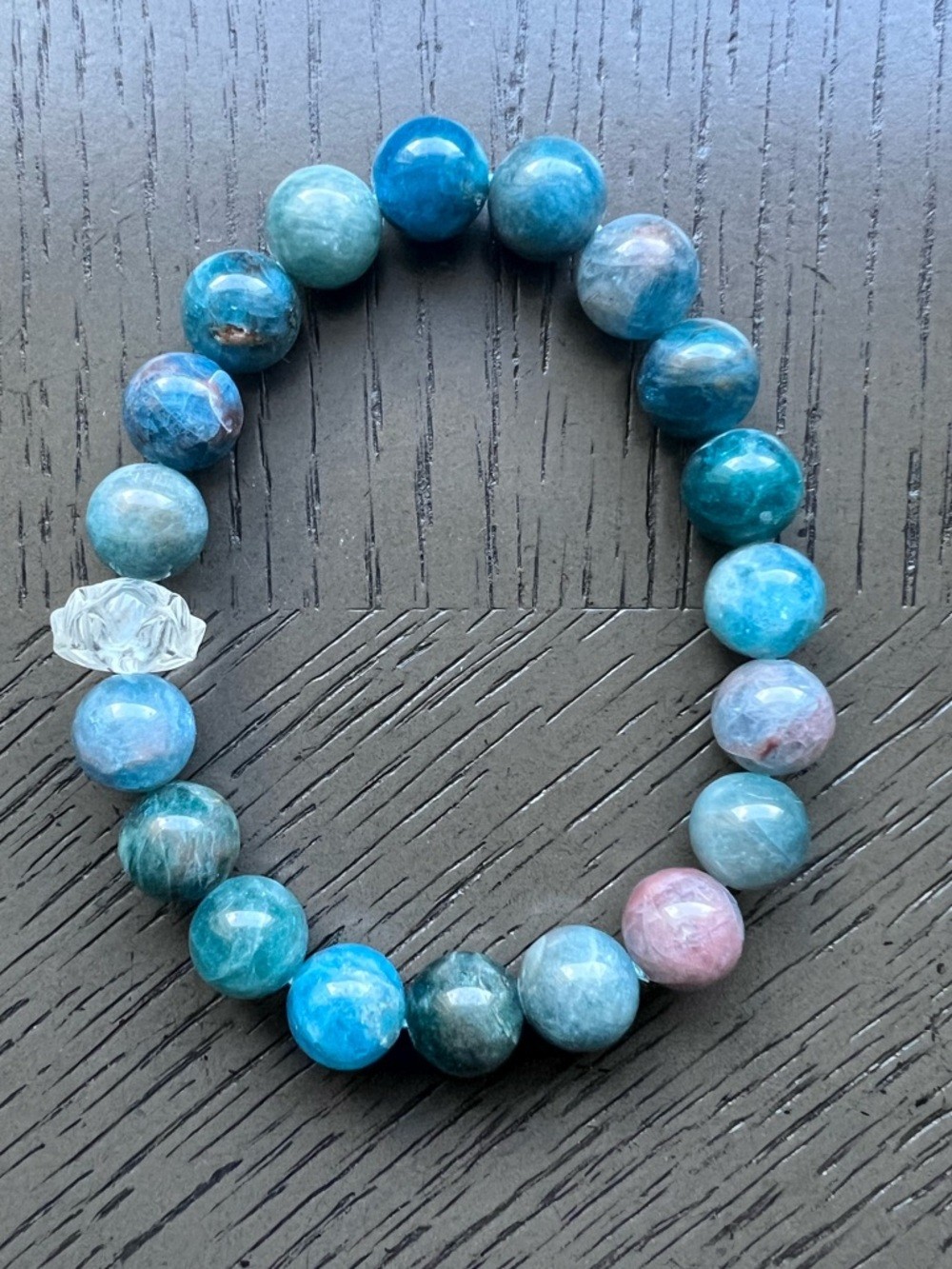 Blue apatite with lotus accent bracelet 10mm SIZE 6.5’