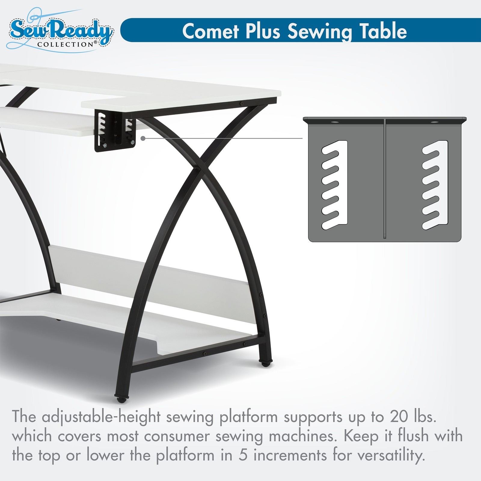 Sew Ready Comet Plus Hobby and Sewing Table with Side & Lower Shelf, Black/White
