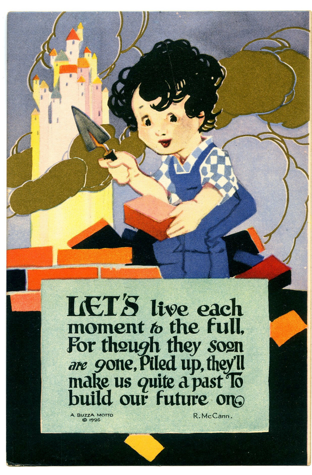 6" Antique 1926 Cute Litho Print Let's Live Each Moment Boy Future Builder #2