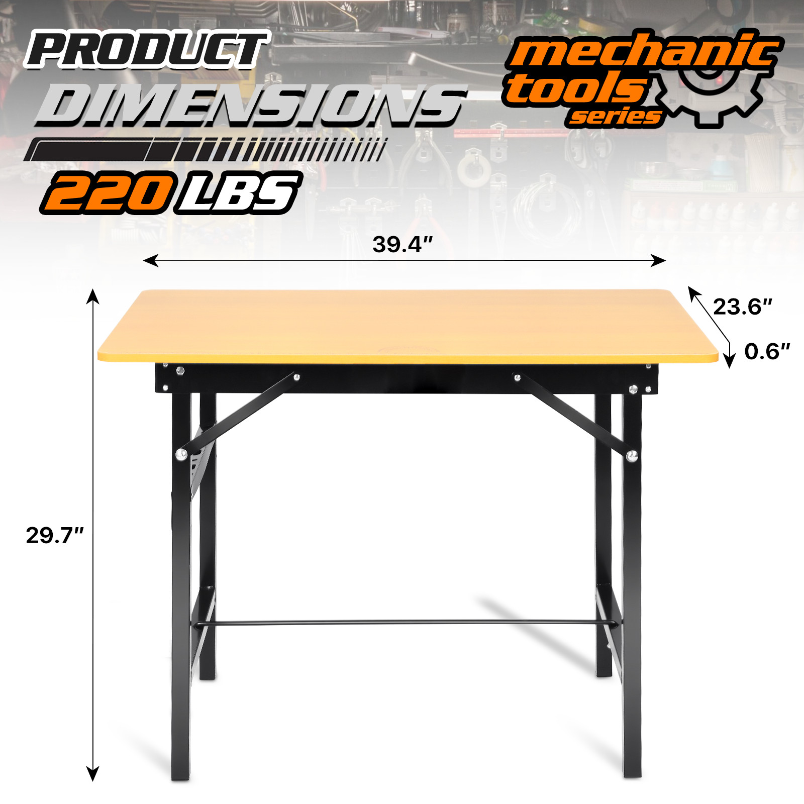 Foldable Work Bench Adjustable Metal Table Wood Top Desktop 220LBS Yellow, Black
