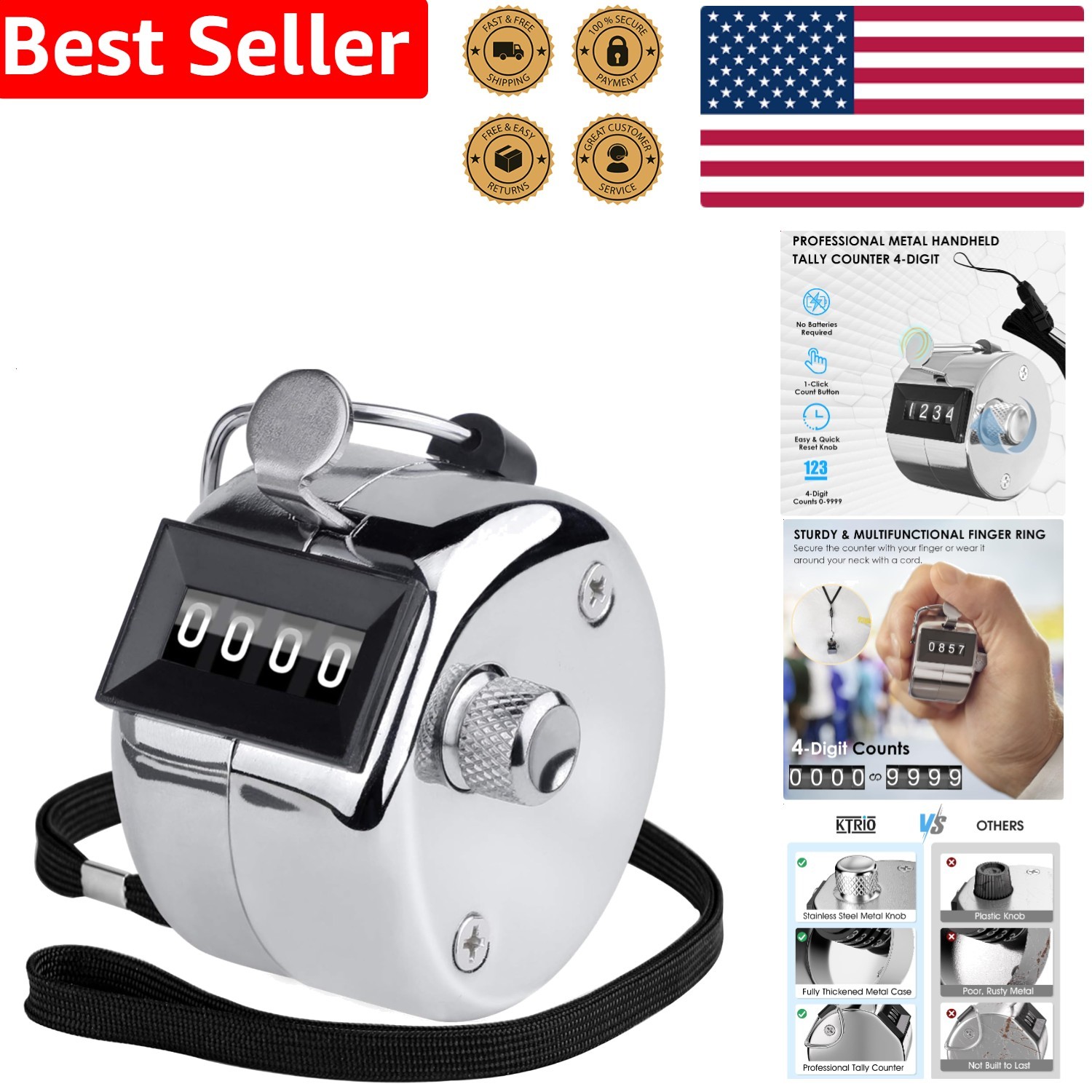 Handheld Clicker Counter 4-Digit Metal Battery-Free Mechanical Tally Tool Mul...