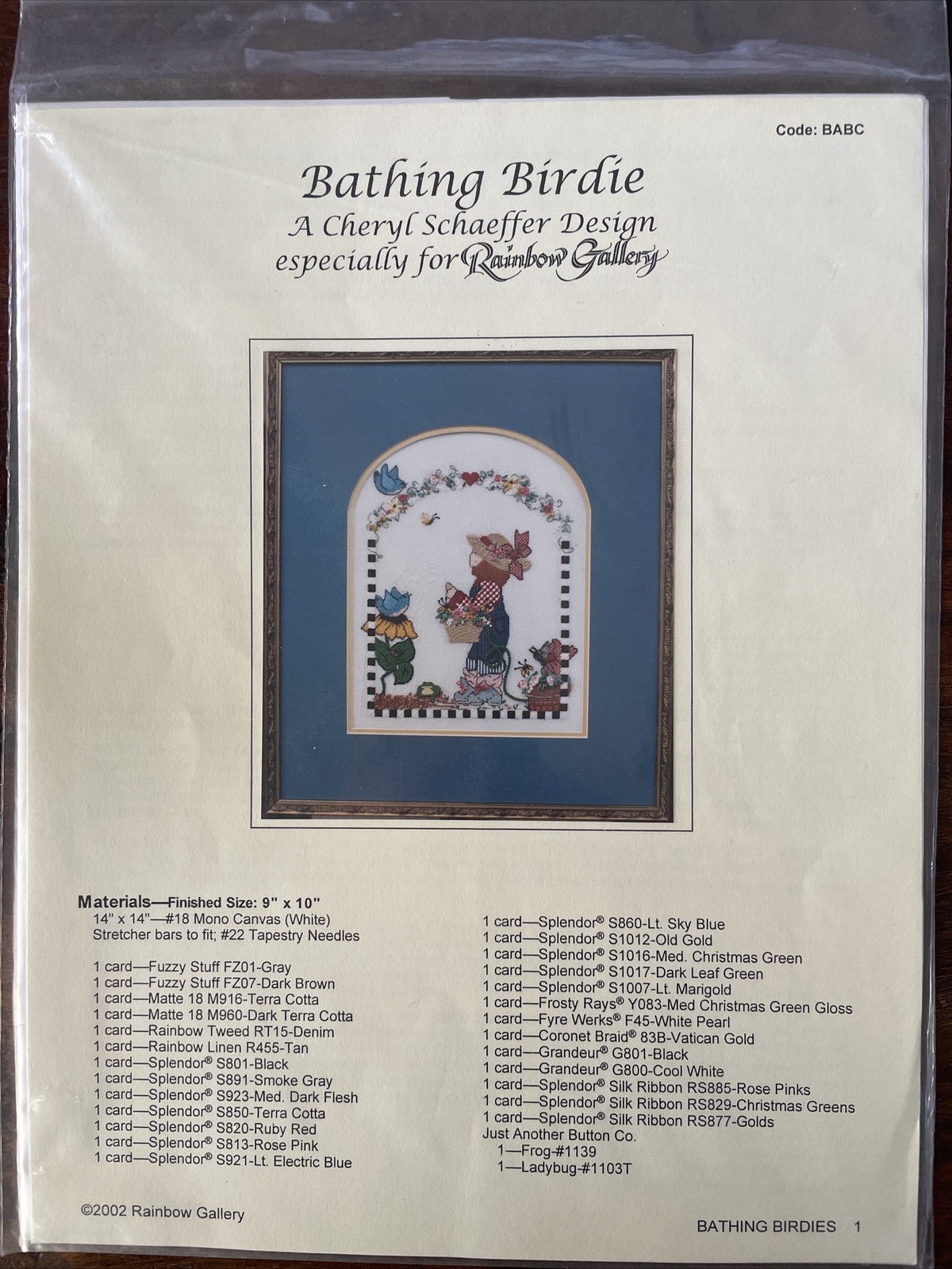 Bathing Birdie by Cheryl Schaeffer Rainbow Gallery Embroidery Pattern BABC