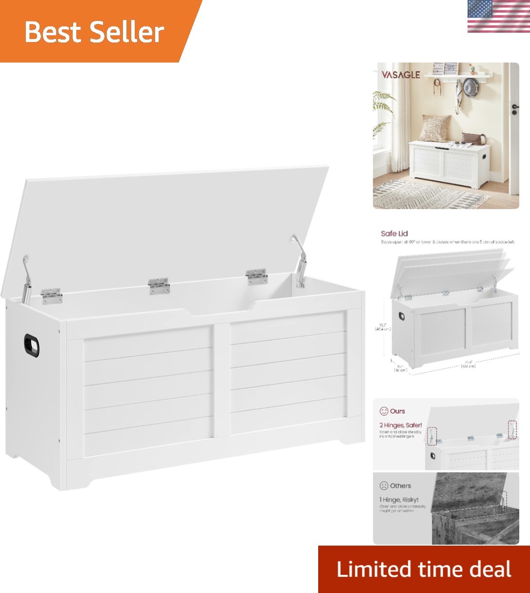 Storage Chest, Storage Bench with 2 Safety Hinges, Farmhouse Style, 15.7 x 39...