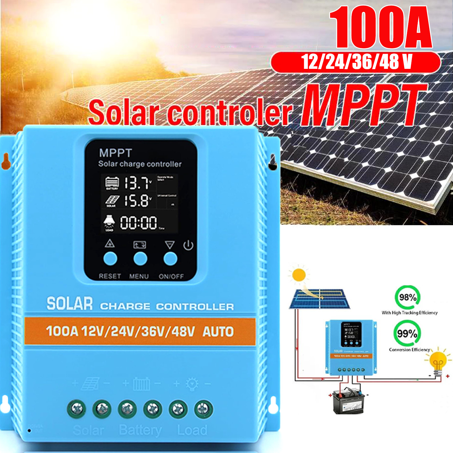 Upgrade 100A 12V/24V/36V/48V MPPT Solar Charge Controller PV Charger Controller