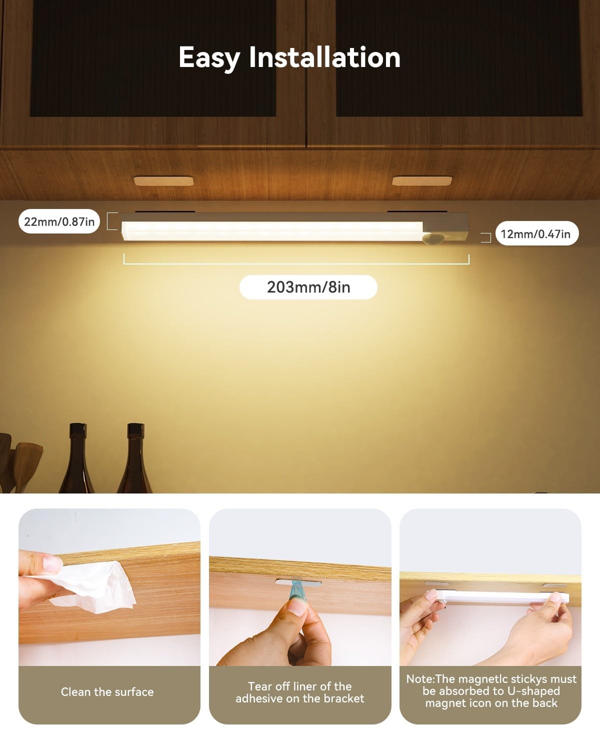 Under Cabinet Lighting 8 Inches Rechargeable Motion Sensor 8inch-3pack, White