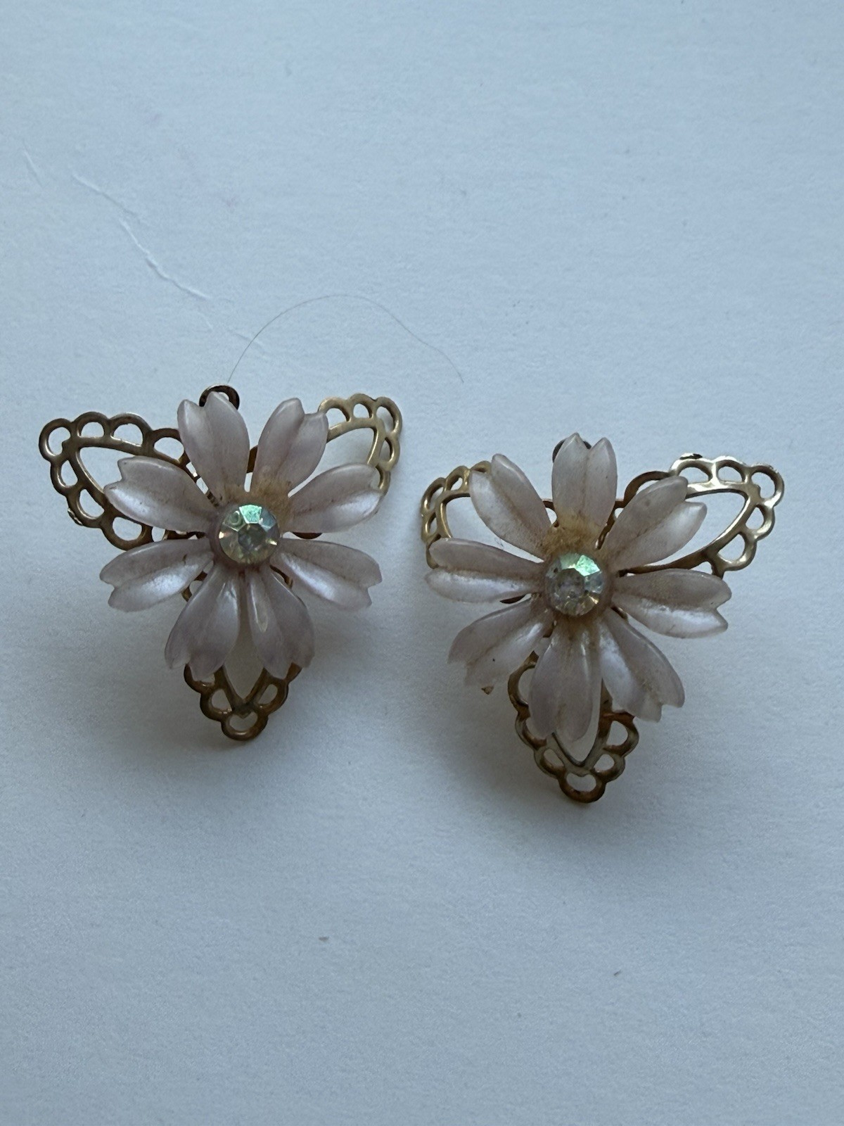 Vintage White Plastic and Rhinestone Floral Earrings Missing Screw Back