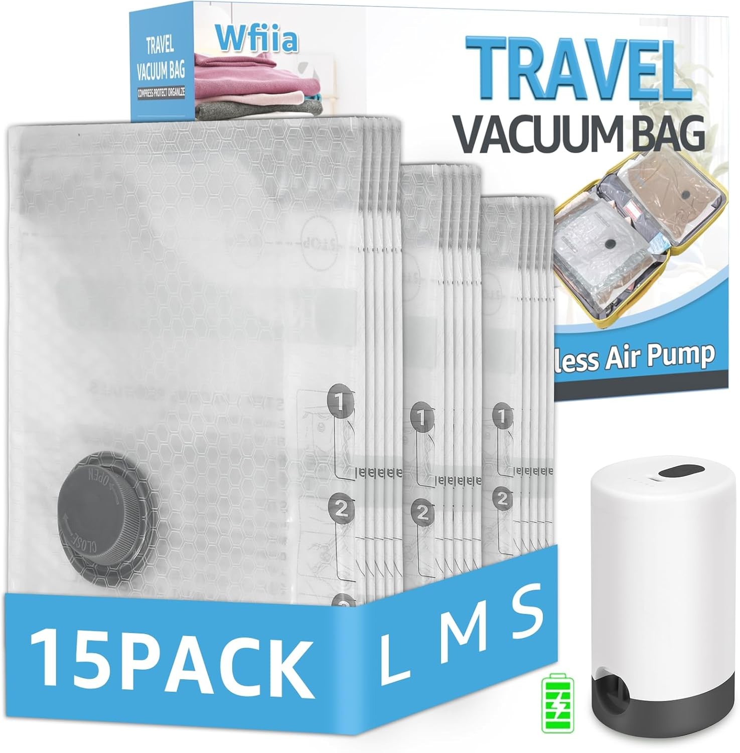15 Pack Travel Space Saver Bags w/ Pump 3 Sizes for Suitcase Luggage