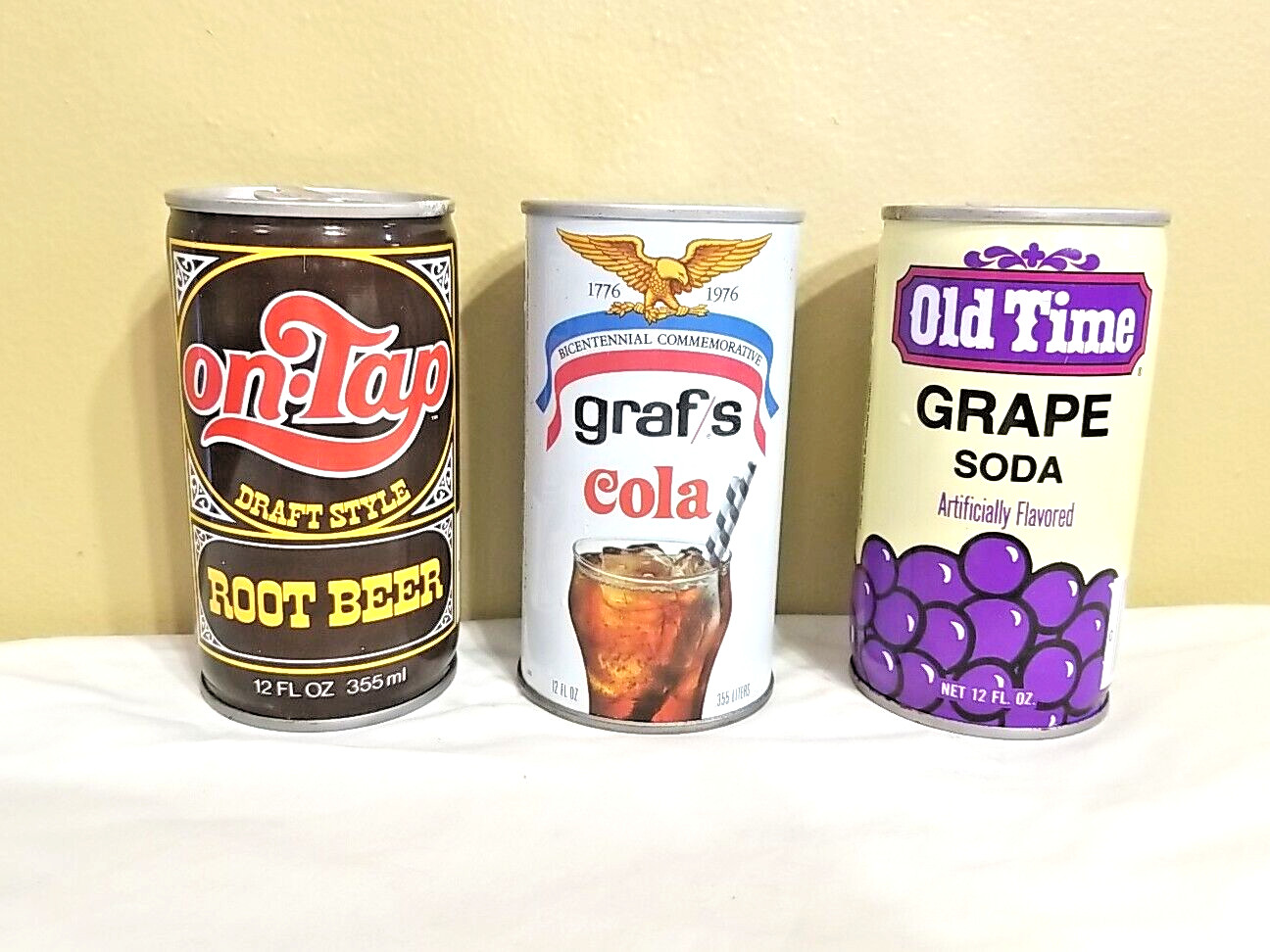 Vintage lot Soda Pop cans On-Tap Root Beer, 1976 Grafs Cola, Old Time Grape Soda