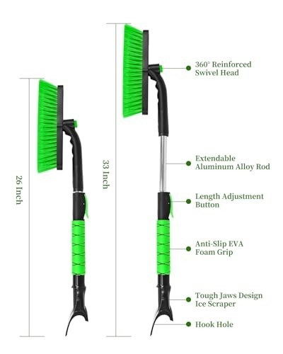 33" Extendable Ice Scraper & Snow Brush for Car Windshield - Foam Grip, Green