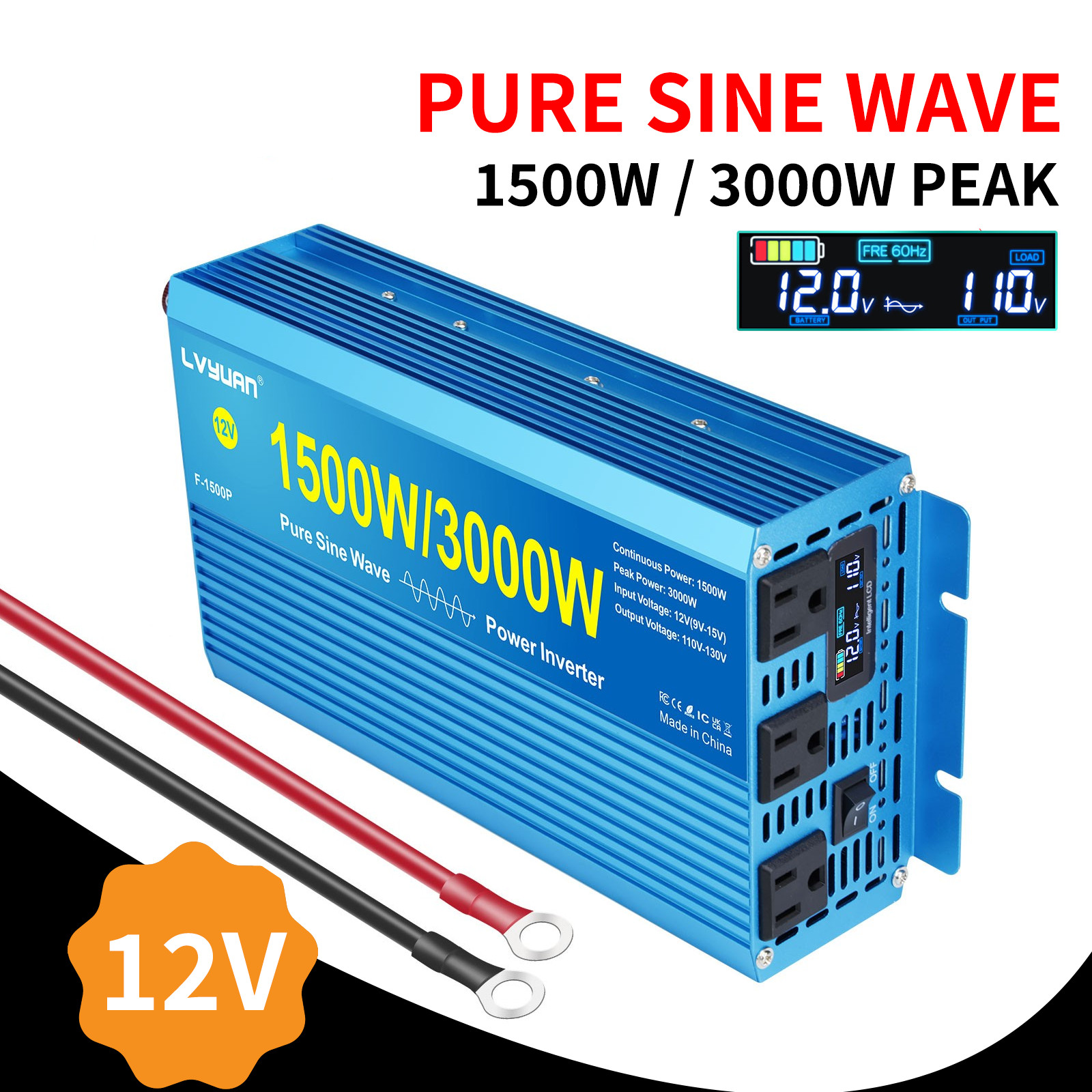1500W 3000W Pure Sine Wave Power Inverter 12V to 110V Converter LCD 3AC Stockets