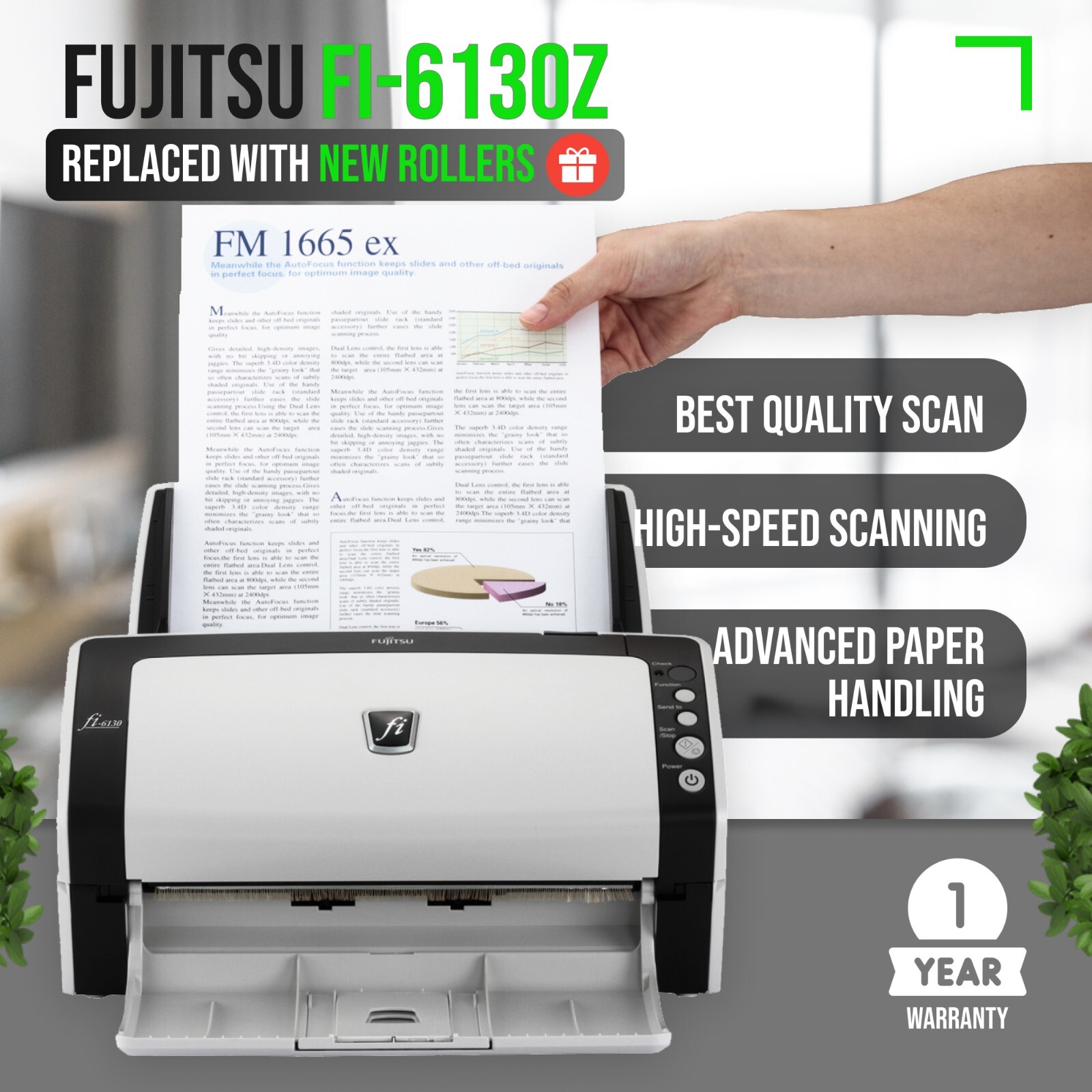 Fujitsu FI-6130Z Duplex Scanner w/NEW ZERO COUNT ROLLERS & Trays AC Adapter USB