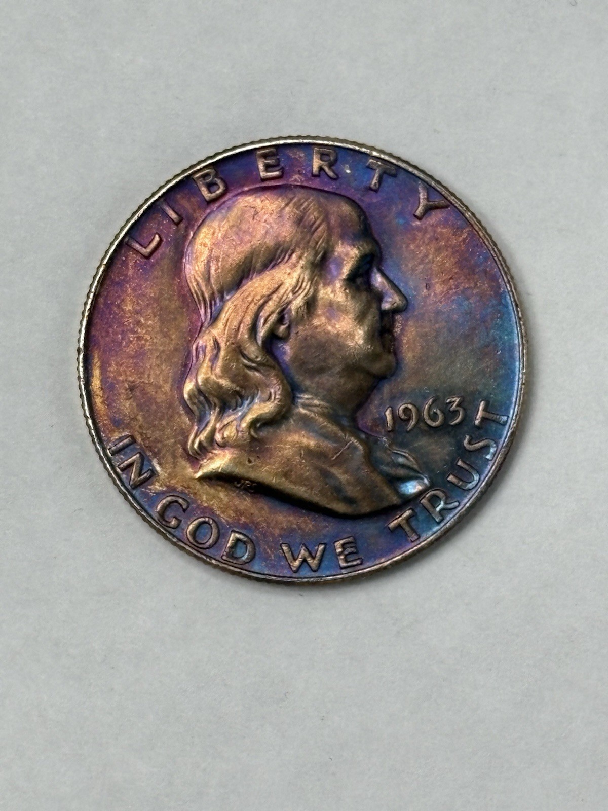 1963-D Silver 50C Franklin Half Dollar Uncirculated FBL Dual Sided Toning