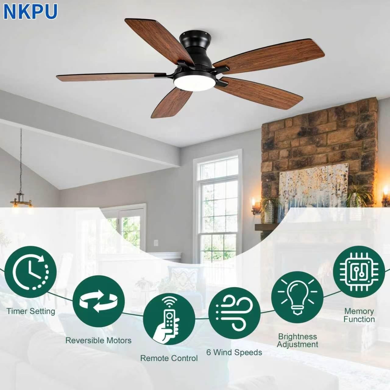 Low Profile 52" Ceiling Fan with Lights & Remote Control, Noiseless DC Motor, Fl