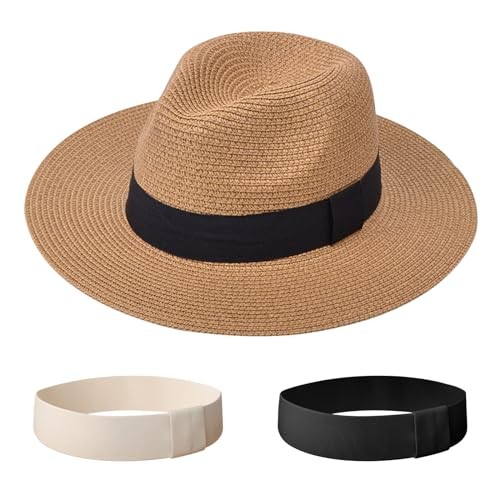 Women Straw One Size 1 Pack Straw Hat: Khaki (+ 2 Replaceable Ribbon Bands)