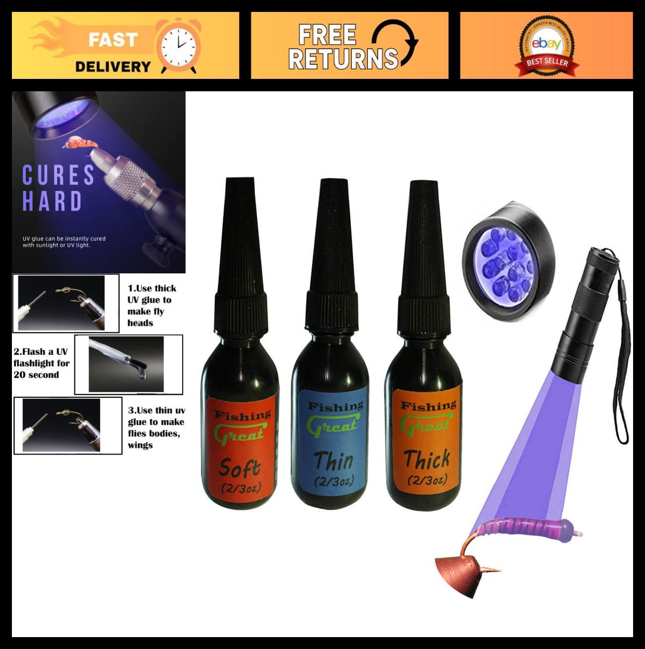 UV Clear Fly Tying Glue Combo - Thick, Thin & Soft + 12 LED Power Light for Flie