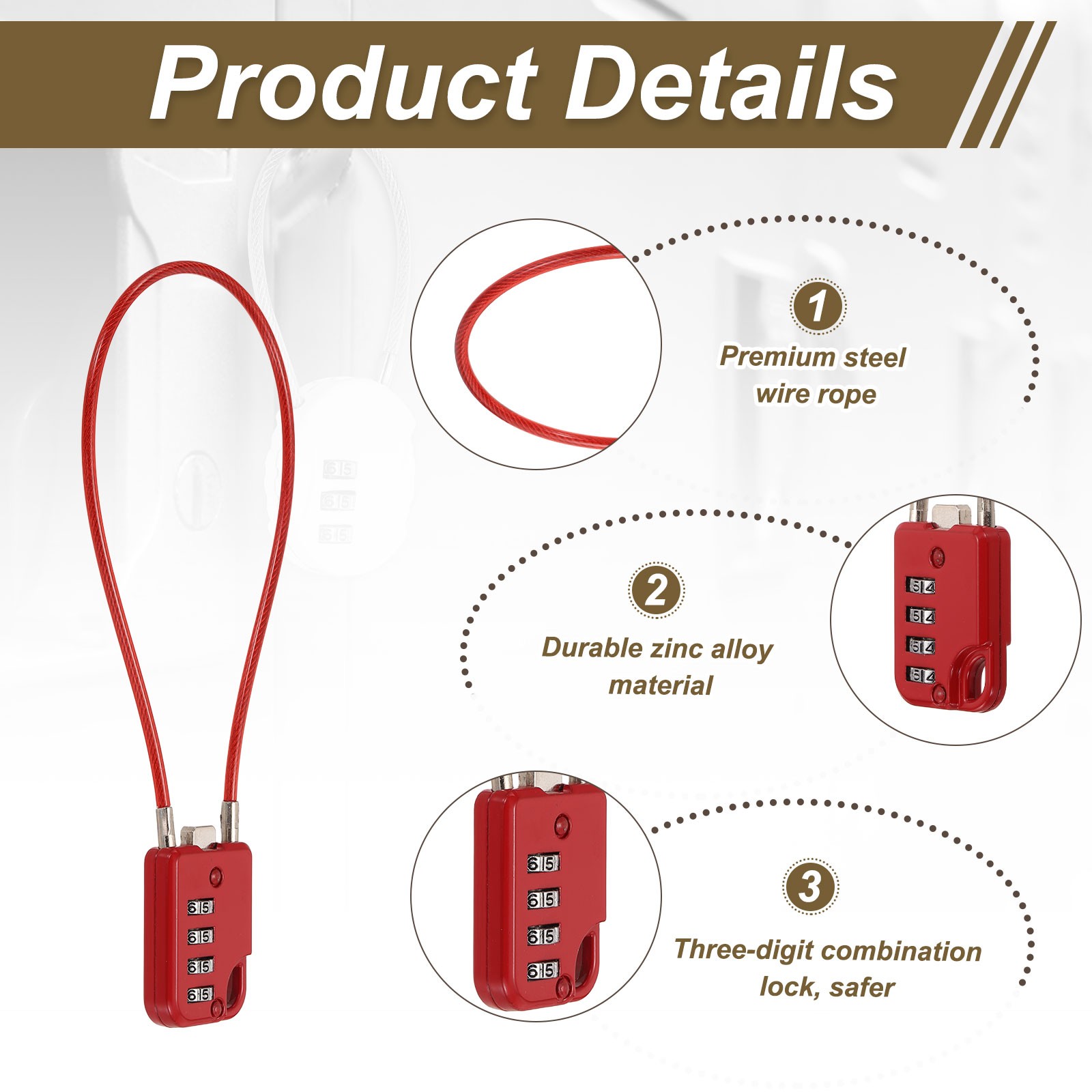 1-Pack Combination Padlock, 4 Digit 12 in Cable Luggage Lock [Red]