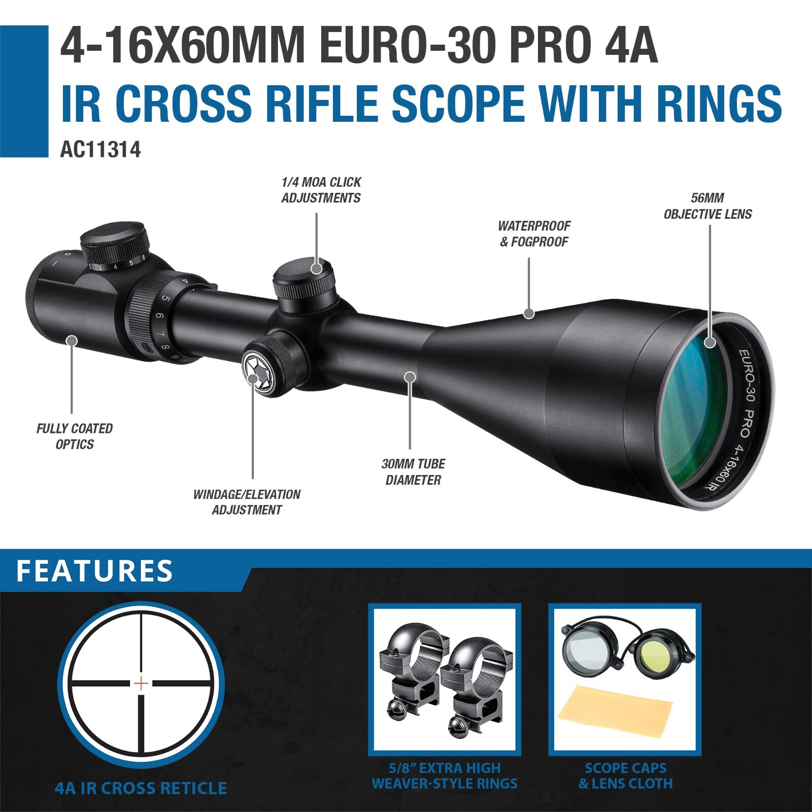 Barska 4-16x60mm IR Riflescope Euro-30 Mono-tube Free Rings Waterproof AC11314