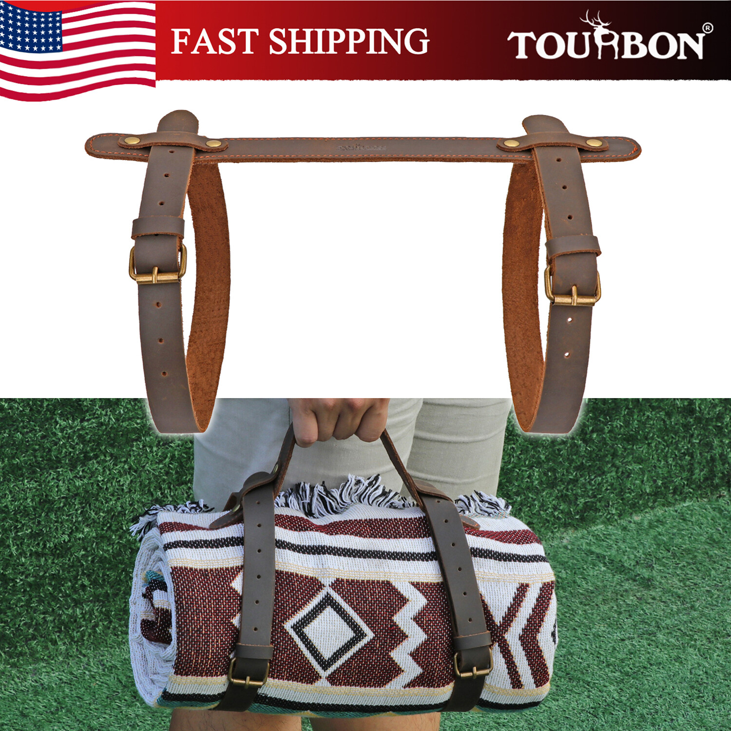 TOURBON Leather Outdoor Picnic Blanket Carrier Strap for Camping/Festivals/Trip