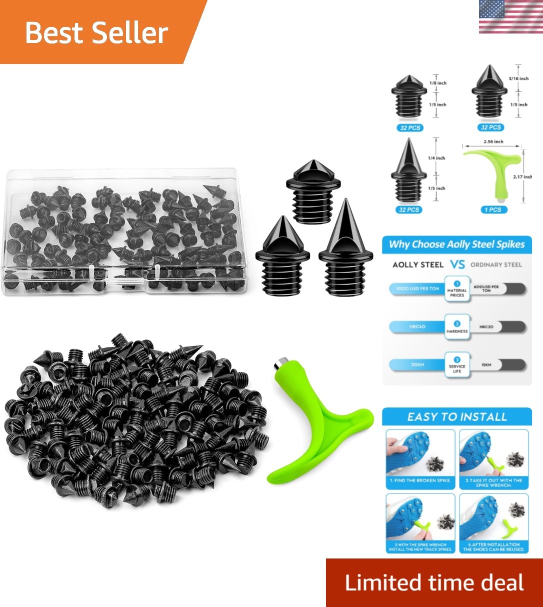 96PCS Alloy Steel Track Spikes, 32pcs 1/8in + 32pcs 3/16in + 32pcs 1/4in Trac...