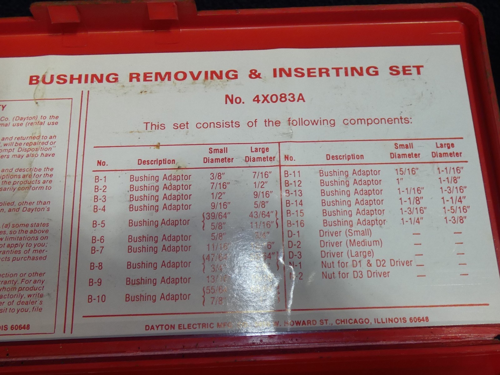 Dayton 4X083A Hand Tool Bushing Removing & Inserting With Box #BS
