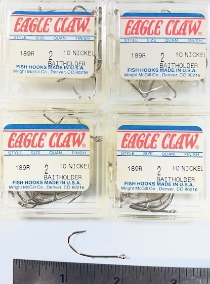 4-BOXES OF 10 EAGLE CLAW #2 NICKEL BAITHOLDER ( BARBED ) 40 TOTAL HOOKS!  NICE!