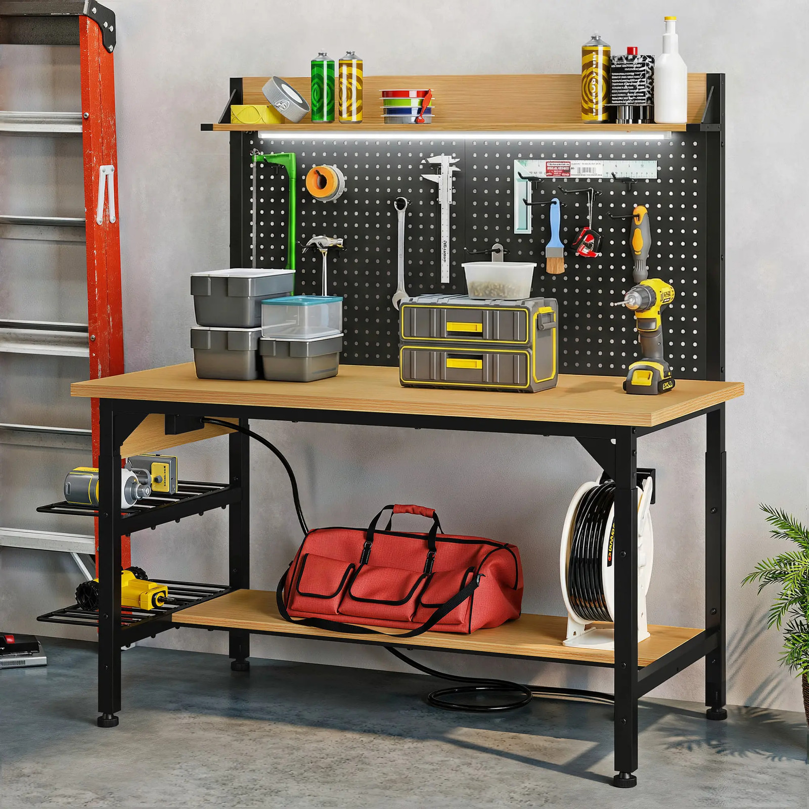 47.2"/59"x31" Adjustable Height Workbench with Pegboard and Storage Shelf