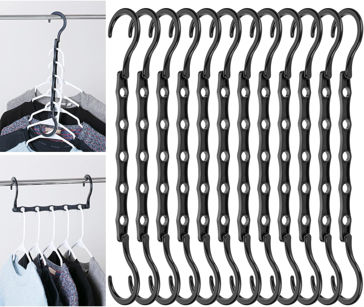 - Space Saving Hangers for Clothes, 12 pcs, Black, Plastic Multi Clothes Hangers