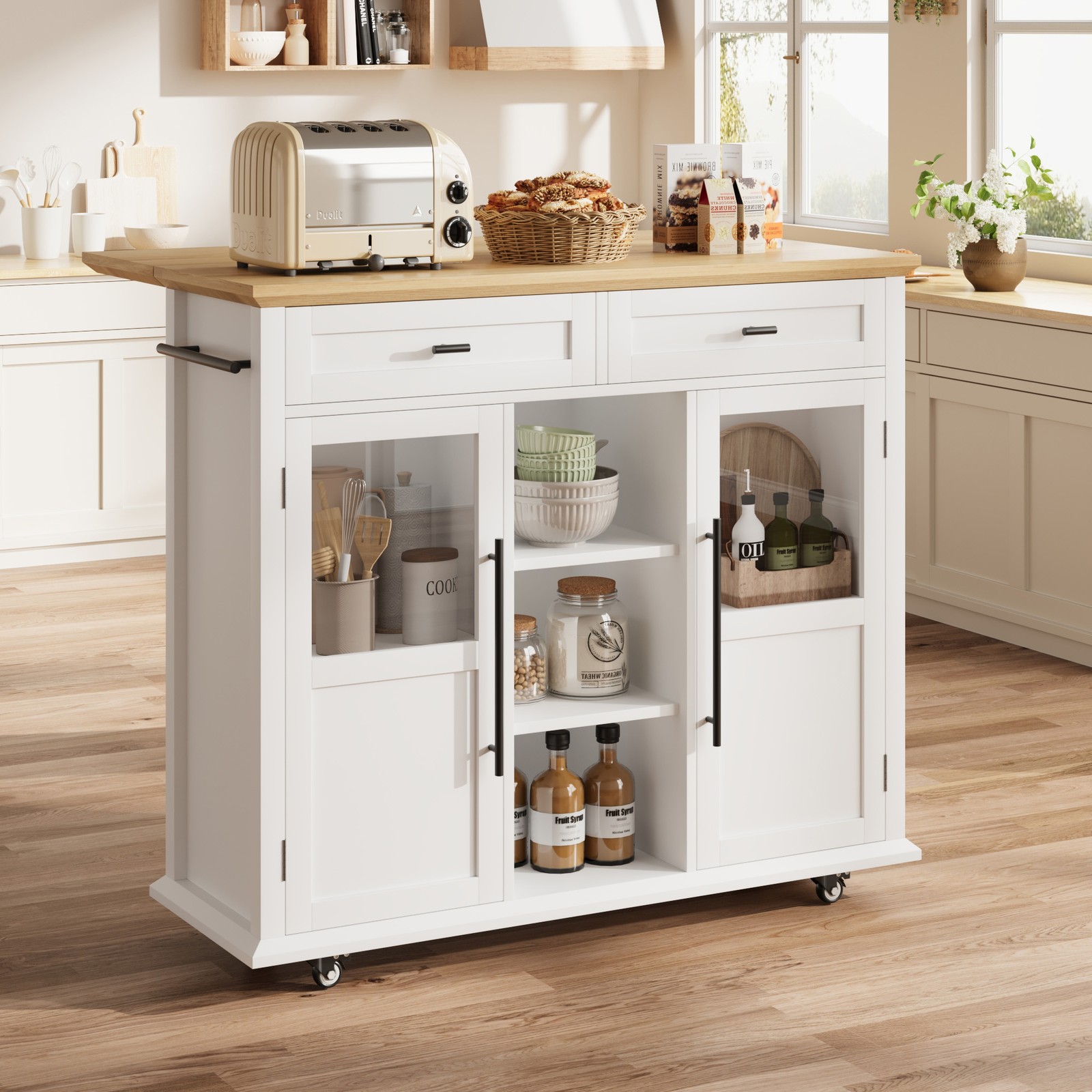 41" Mobile Kitchen Island, Island Cart On Wheels with Storage Shelf & Towel Rack