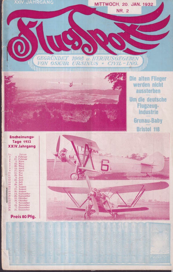 FLUGSPORT [German Aviation] 1/20 1932 #2 Grunau-Baby Bristol 118 Yamazaki &c