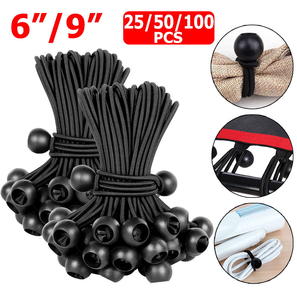 100 pcs 6" / 9" Black Ball Bungee Bungie Cord Heavy Duty Canopy Tarp Tie Downs