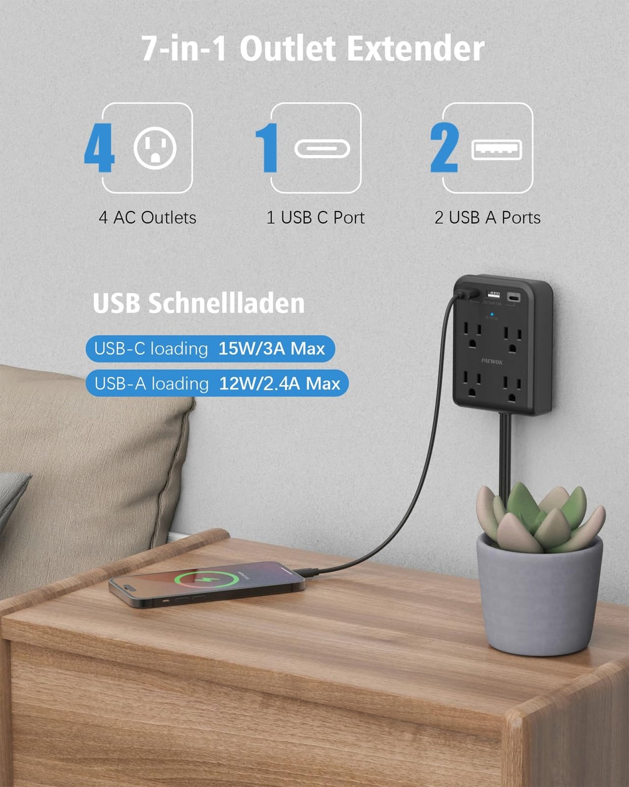 Flat Electrical Outlet Extender with USB C Ports, 4 Outlet 3 USB Wall Plug, 6...