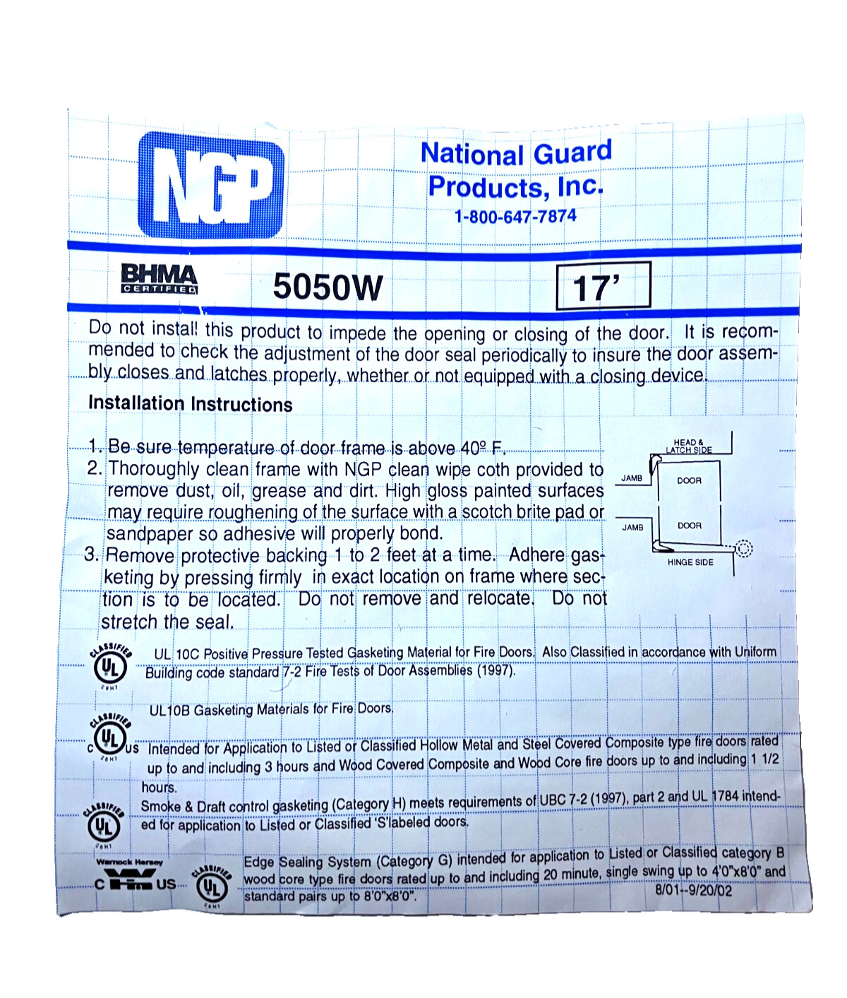 NGP 5050W White 17’ roll Self-Adhesive Silicone Seal for Fire and Smoke NOS