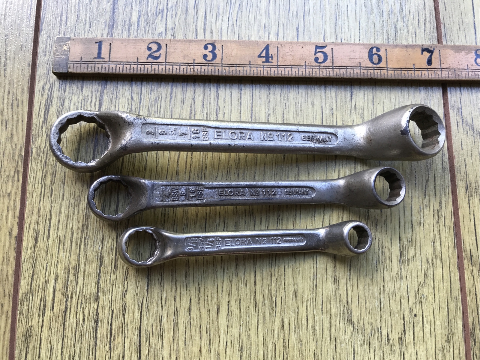 3 Vintage Elora No 112 Whitworth Short Ring Spanners 3/8"BSW to 1/8"BSW.