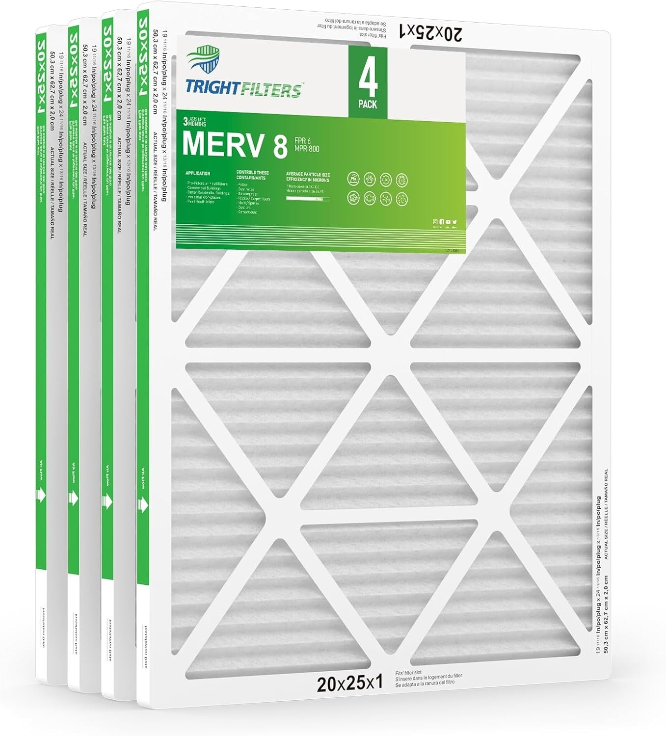 TRIGHTFILTERS 20x25x1 Dust Defense Air Filter MERV 8 Pleated Replacement 4 Pack