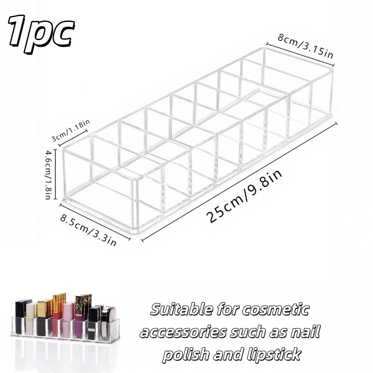Clear 8-Compartment Storage Box For Nail Polish Lipstick And Cosmetics