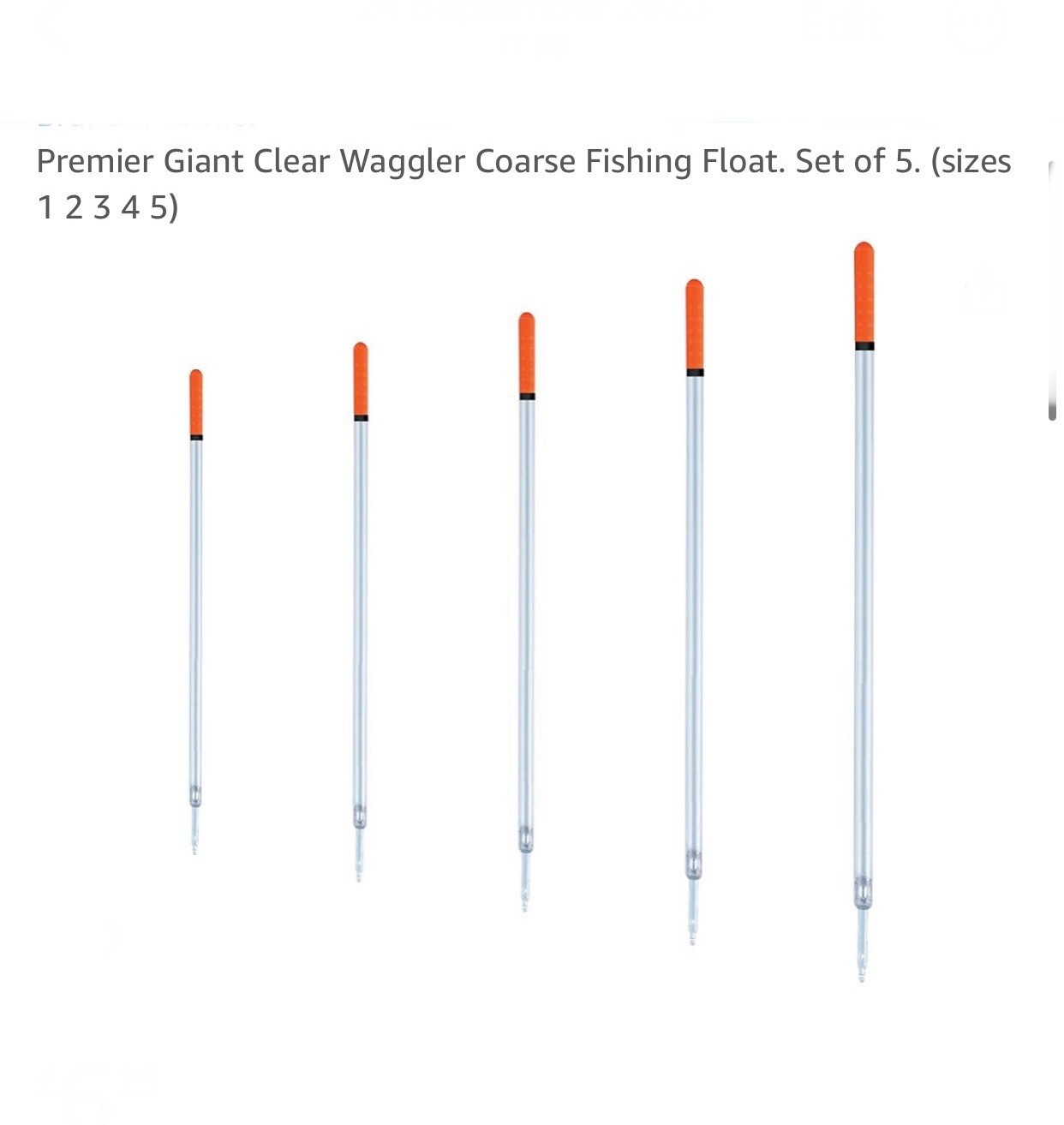 Premier Giant Clear Waggler Coarse Fishing Float. Set of 5. (sizes 12345)